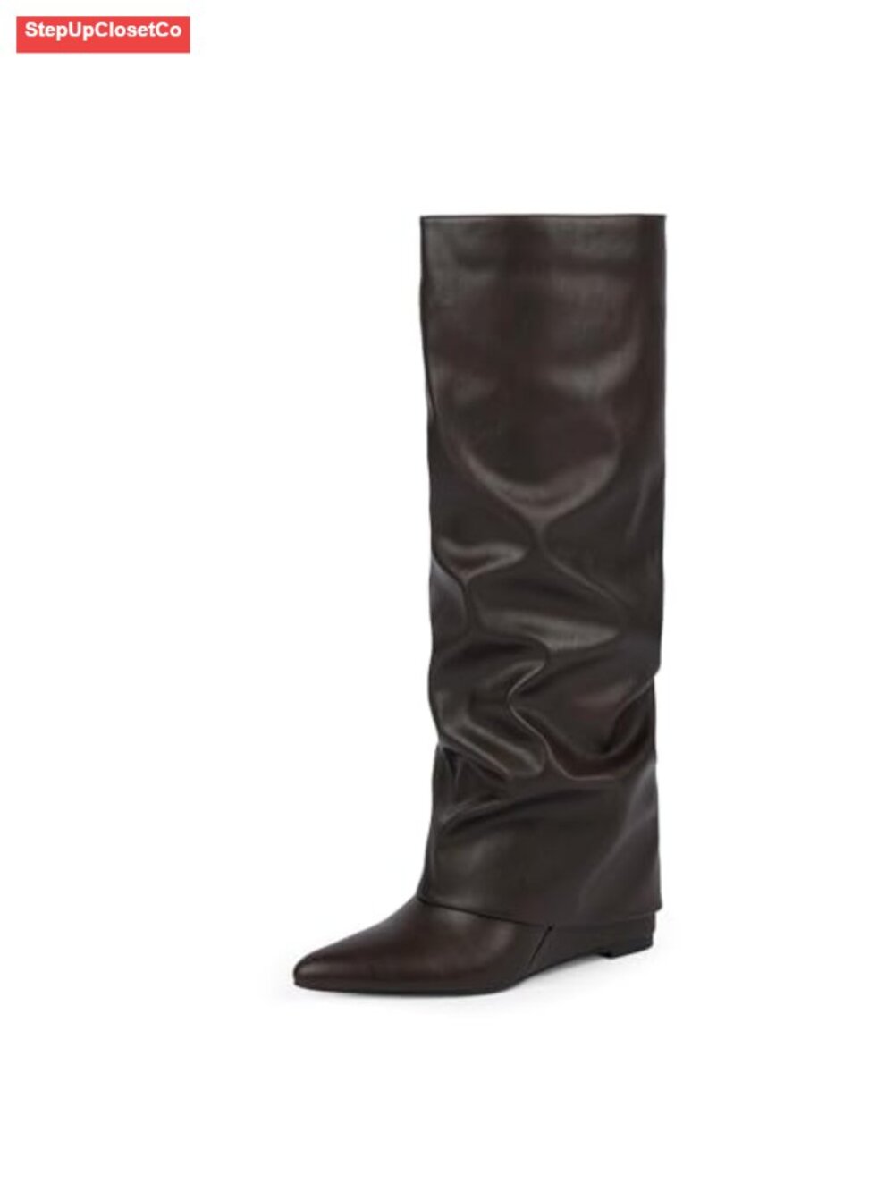 Faux Leather Fold Over Knee High Boots Pointed Toe Wedge Heel Tall Boots